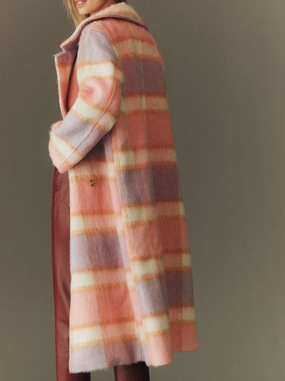 Anthropologie Maeve Pastel Plaid Long Faux Fur Peacoat Winter Coat - Large - Picture 5 of 9
